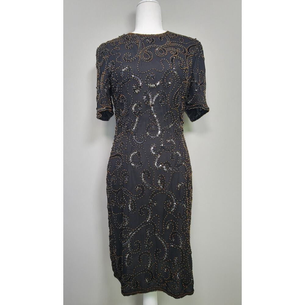Royal Feelings Womens M Black Silk Sequin Beaded Short Sleeve Midi Dress